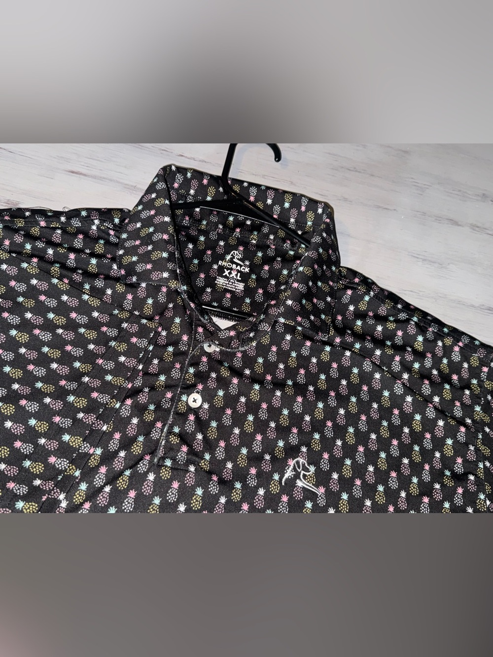 Rhoback Polo Mens XXL Black Multicolor Pineapple Print Performance Golf Shirt